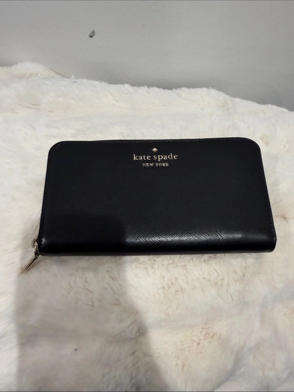 kate spade Black Saffiano Zip Wallet with Gold Logo